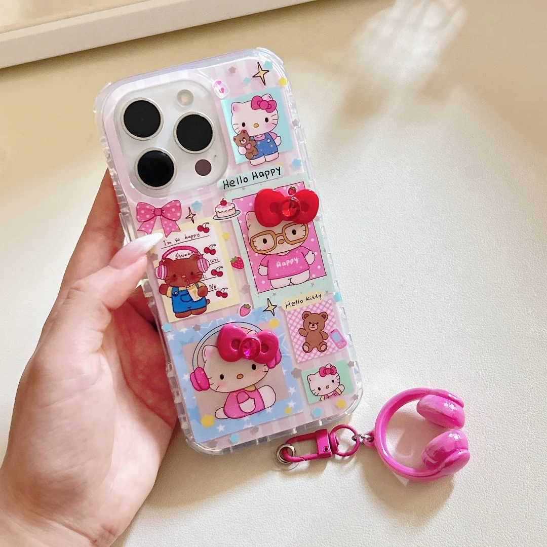

NEW Lovely Hello Kitty Cartoon Bow Strap keychain Pendant Phone Case For iPhone 16 15 14 13 12 Pro Max PlusY2K Laser Cover