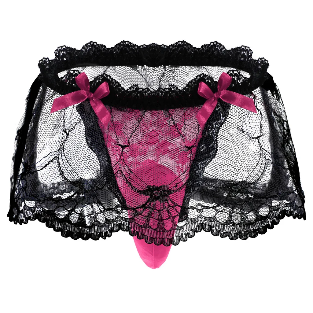 High Waist Sissy Gay Thong G-string Sexy Men Underwear Panties With Transparent  Lace Skirt 1188