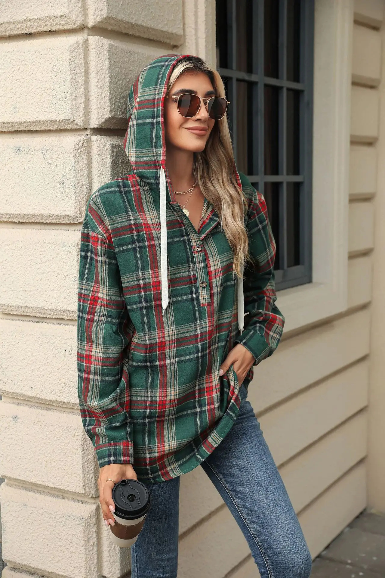 2024 Autumn and winter new loose long sleeved hooded button checkered coat casual hoodie for women