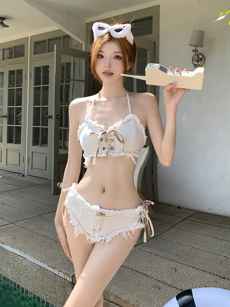 

Sexy Bikini Pure Desire White Denim Tie-Ba Separate Small Chest Beach Vaion New Swimsuit Women's Triangular Separate Swi...