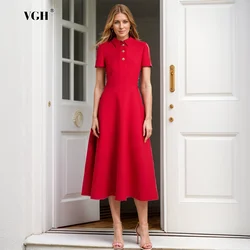 VGH Elegant Solid Slimming Dresses For Women Lapel Short Sleeve High Waist Patchwork Button Temperament Long Dress Female New