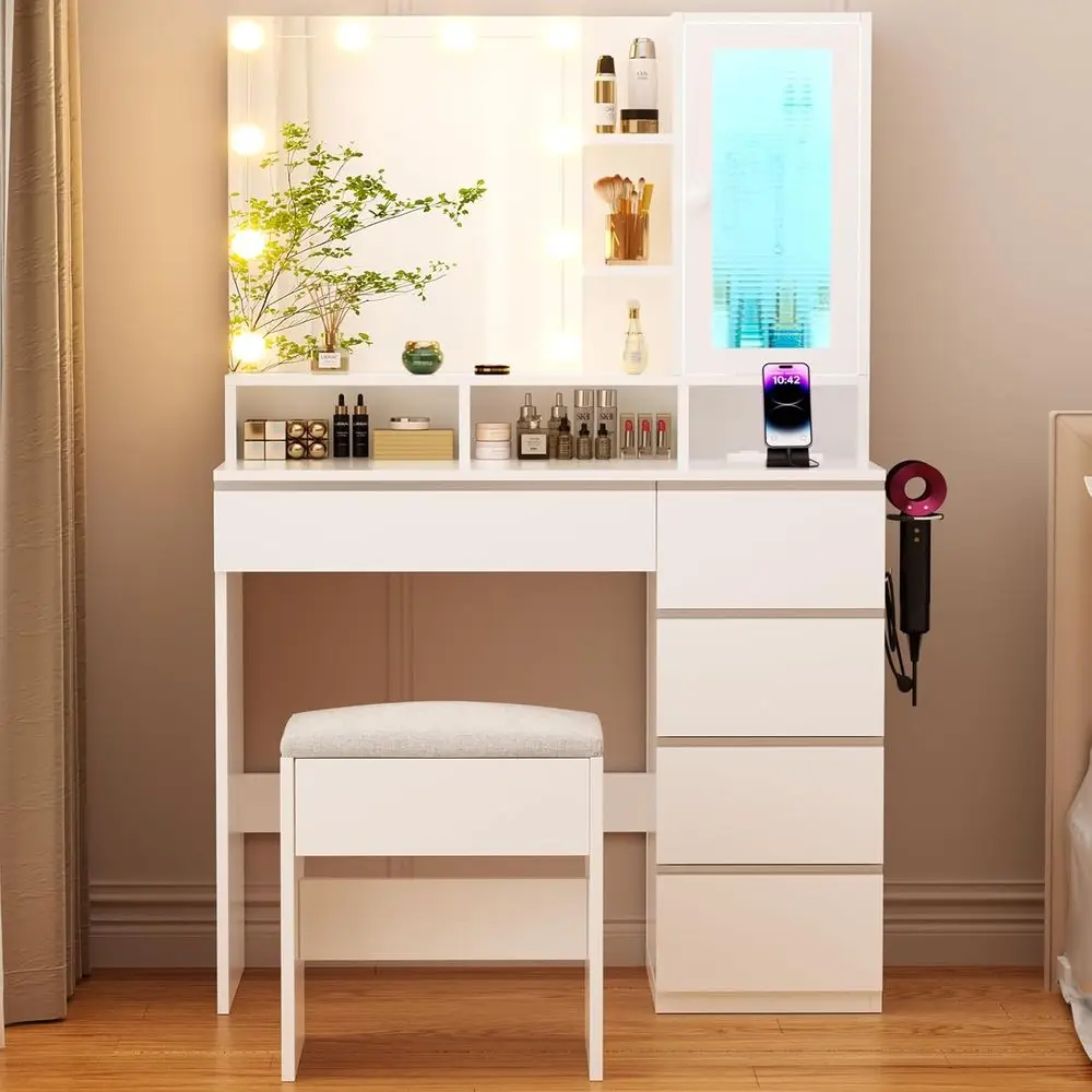

Modern 35.43 LED Lighted Vanity Desk with 6 Drawers, Stool, and Power Outlet for Makeup in Bedroom