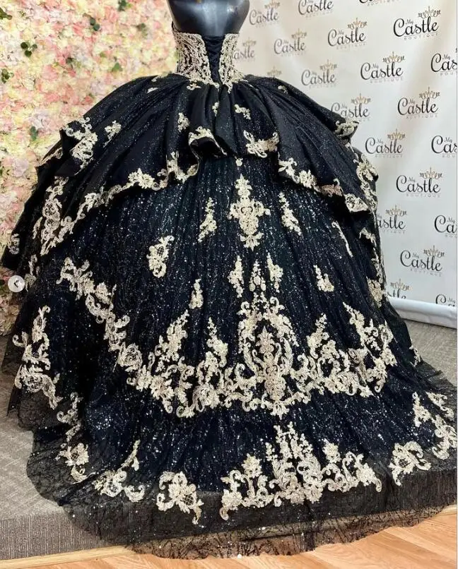 Vestido de baile negro brillante para quinceañera, traje de lentejuelas con cuentas de Gillter, con cordones, corsé para baile de graduación, 15 años, 2023