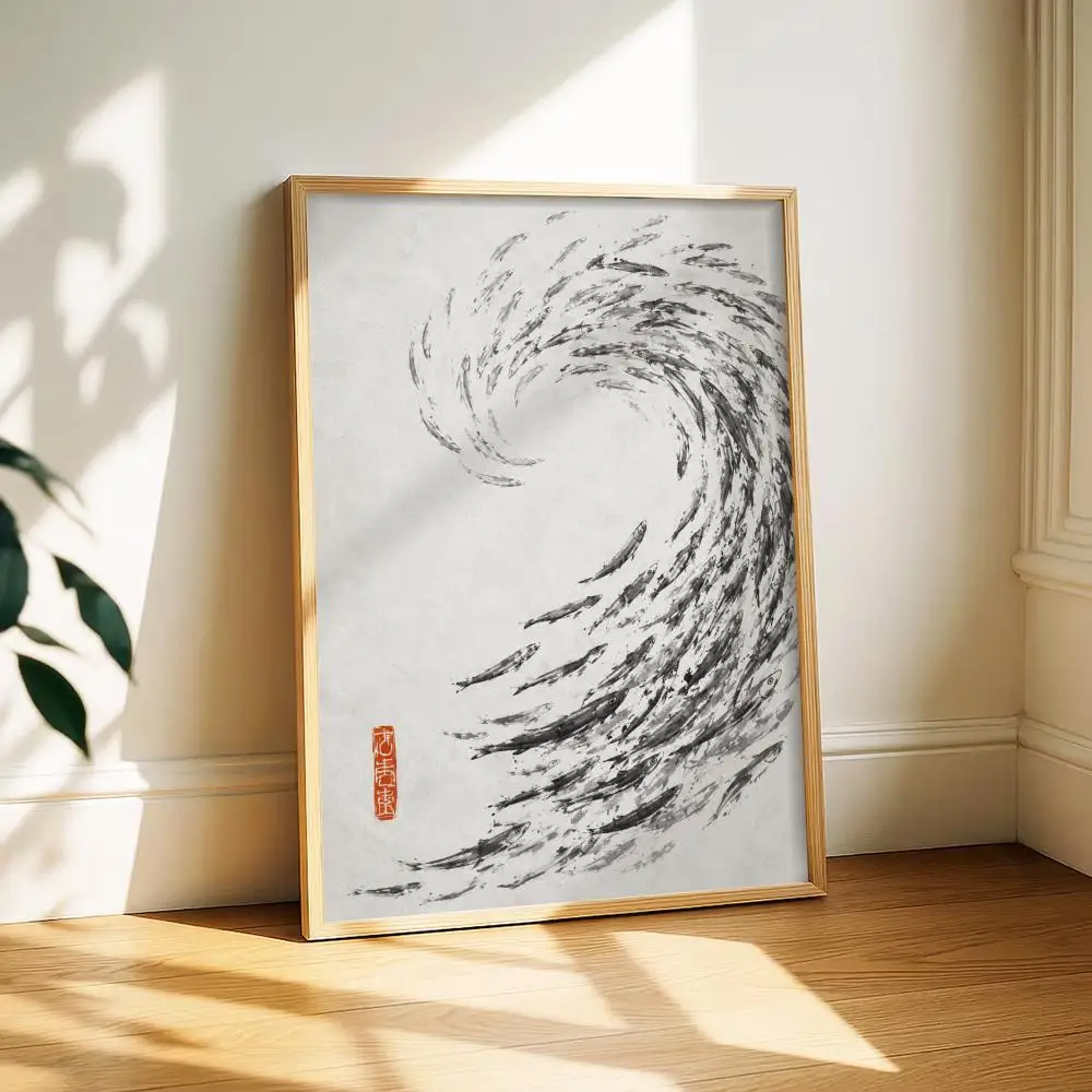 Chinese Ink Wash Koi Fish Poster Living Room Bedroom Wall Decor Poster Self-Adhesive Aesthetic Modern Vibe