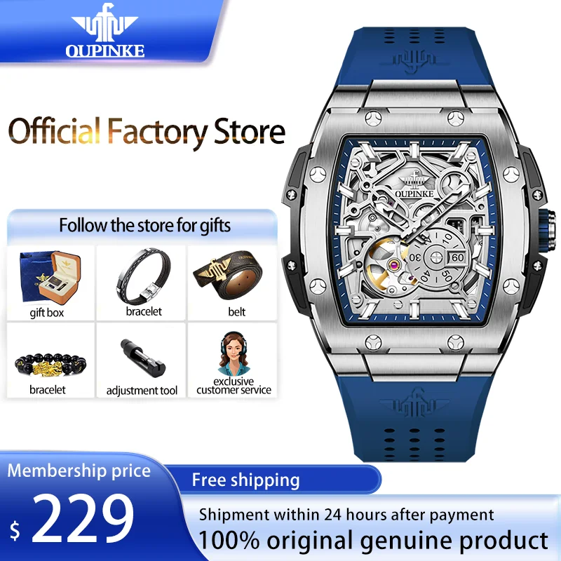 

OUPINKE Man watch Tonneau skeleton Imported Seiko movement waterproof watch Original automatic man watch trendy brand wristwatch