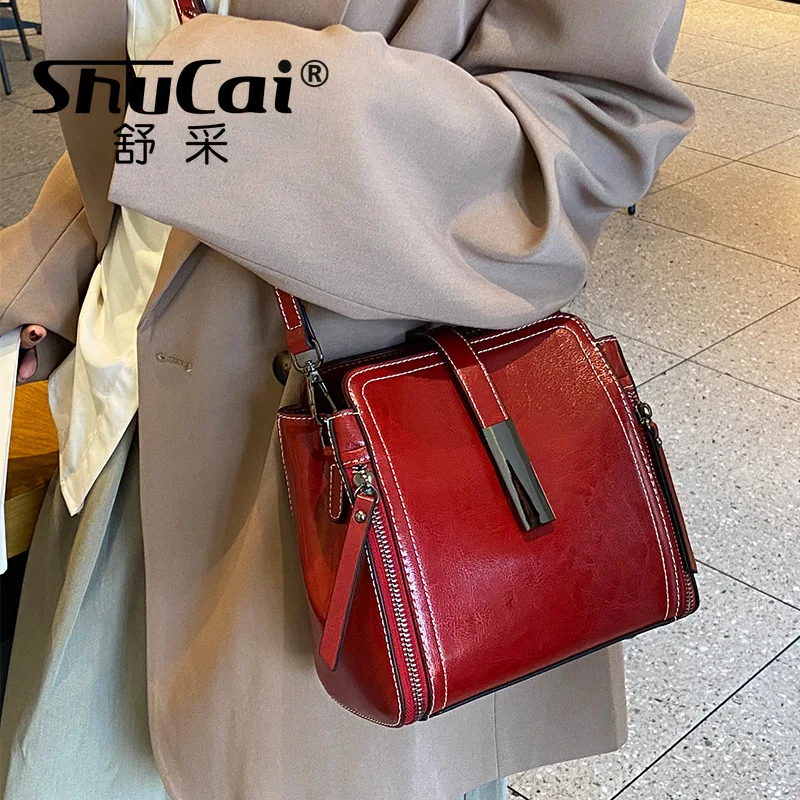 Genuine Leather Women\'s Bag Tote Shoulder Crossbody Bag Female Bucket Bag