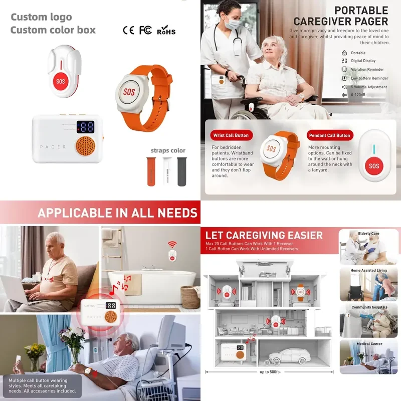 Wireless Home Caregiver Pager Patient Personal Alarm LED Display Reminder Device Wrist SOS Emergency Call Button