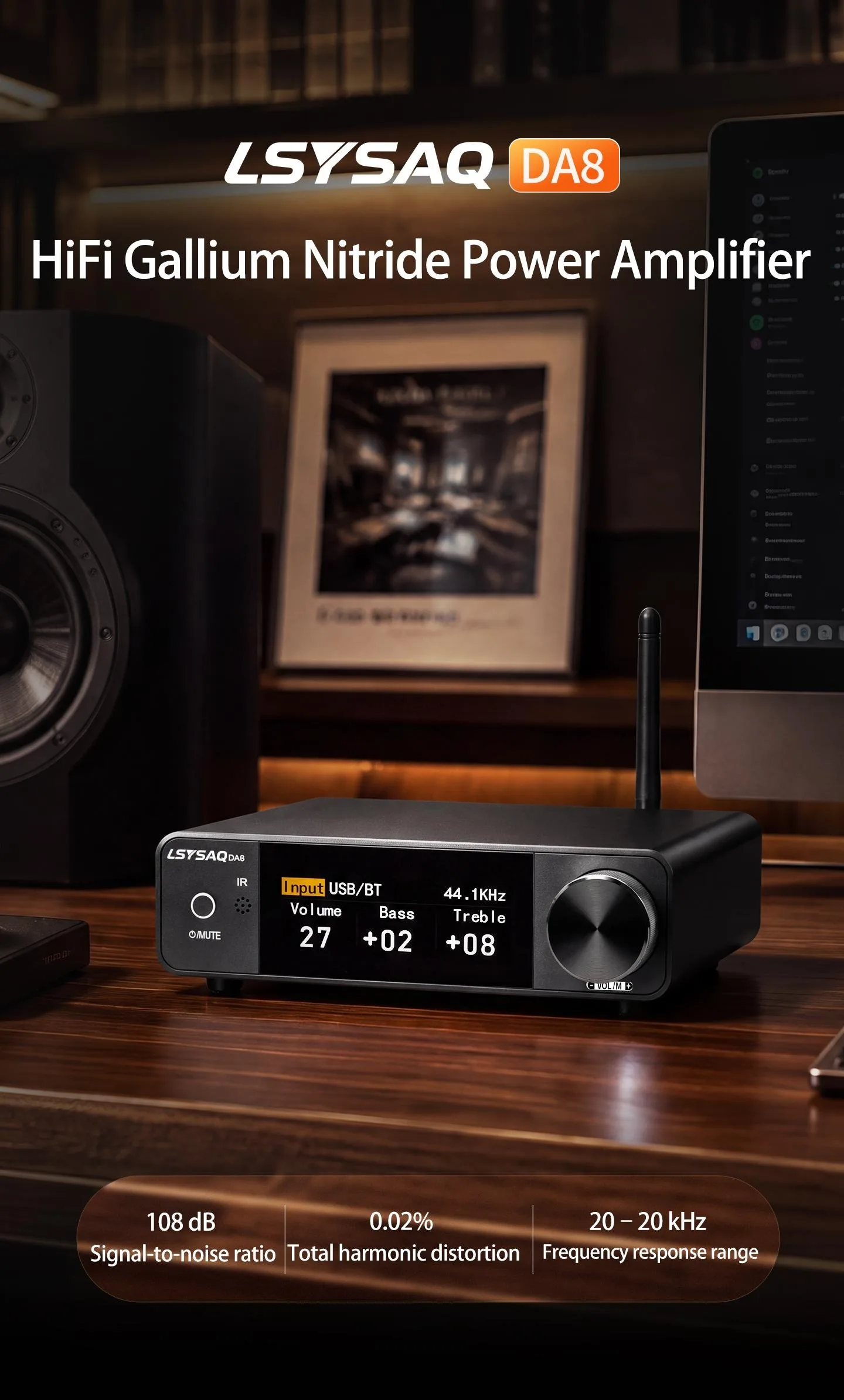 LSYSA DA8 GaN Bluetooth 6.2 HiFi-Stereo-Verstärker 300W×2 Klasse D Digital-Leistungsverstärker Optisch Koaxial USB LDAC für Heimaudio – Detail 1