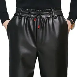 Punk Style Moto Biker Men Waterproof Soft Plus Fleece Thicken Winter Wlde-waisted Loose Elastic Waist Streetwear Leather Pants