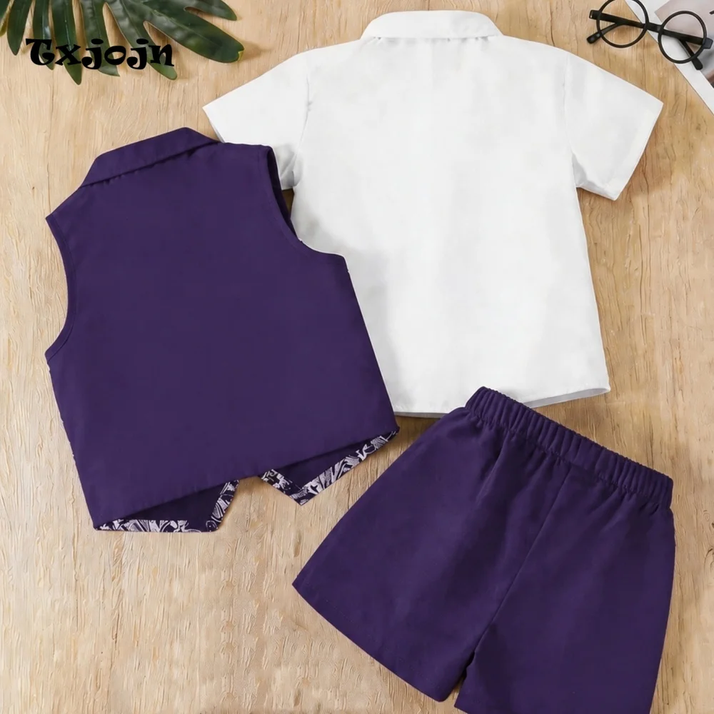 Homecoming Boy's Formal Suit Set Vintage Children's 3-Piece Set Clothes Short-Sleeve Top Shorts Vest Kids Halloween Party Outfit