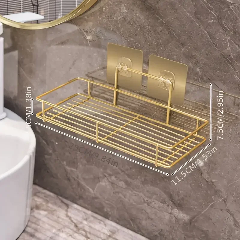 

Iron Gold Rectangular Wall-Mounted Bathroom Shelf No-Drill Storage Rack For Washbasin Toiletries For Bathroom Luxurious Design