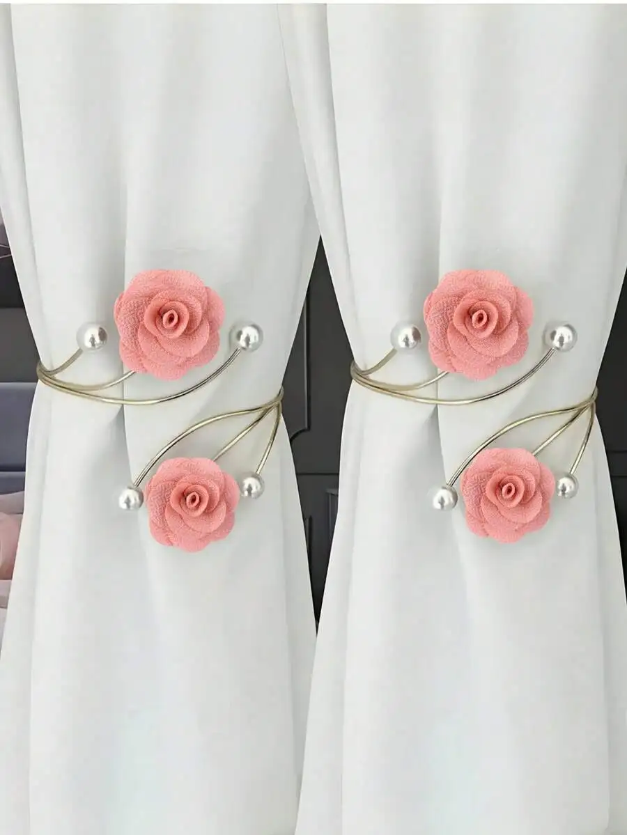 2pcs/1pc Pearl Flower Alloy High-End Curtain Buckle, No-Drill Curtain Tie Backs, Rose Flower Curtain Tie Bands, Metal & view 5