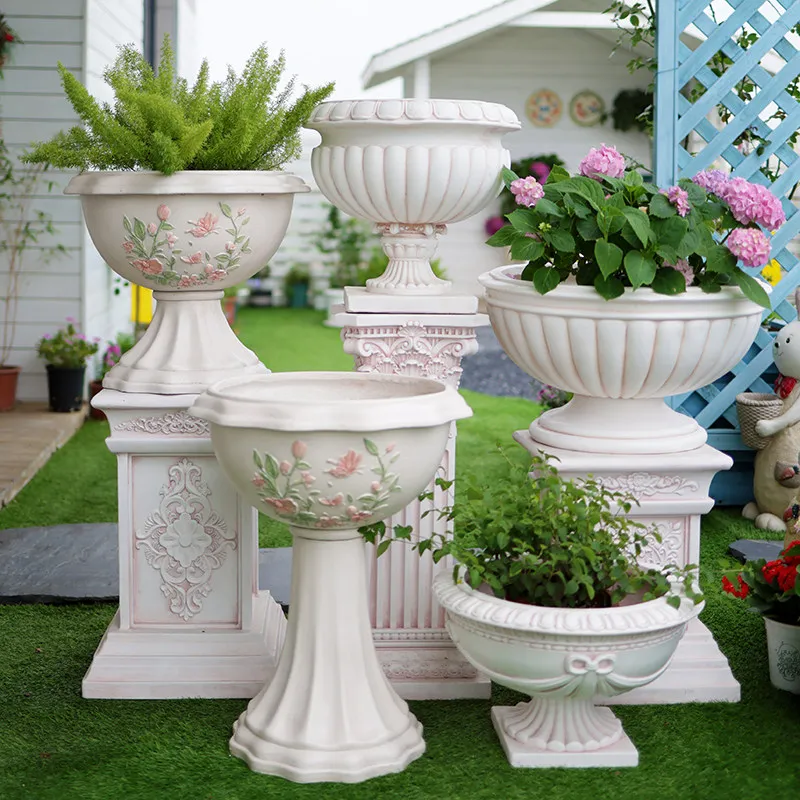 European Roman Column Planter Outdoor Garden Flower Pot for Courtyard Tall Pedestal Urn for Balcony Decor Deep Pot Landscape