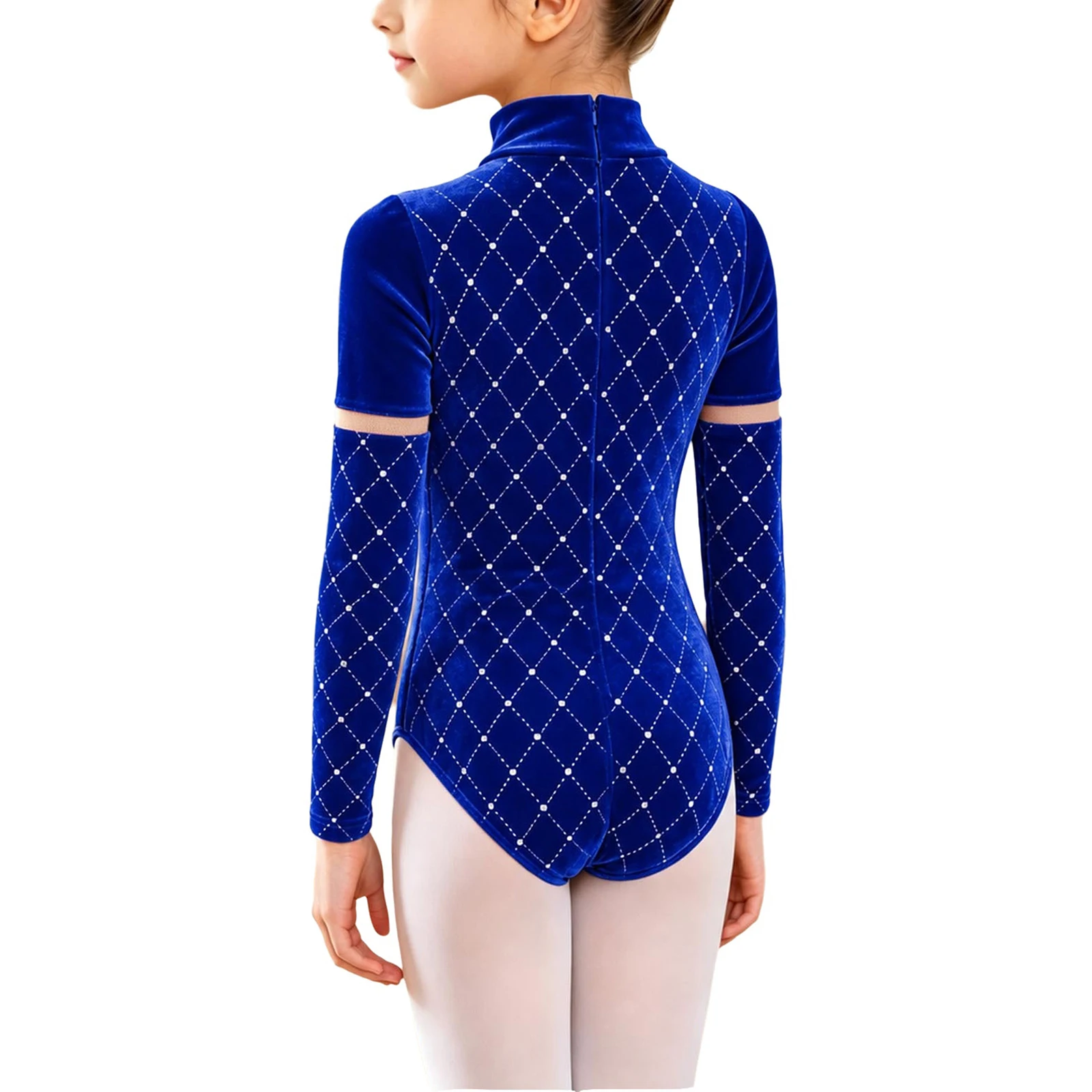 Children Girls Gymnastics Leotard Ballet Dance Figure Skating Performance Costume Long Sleeve Metallic Rhombus Velvet Bodysuit