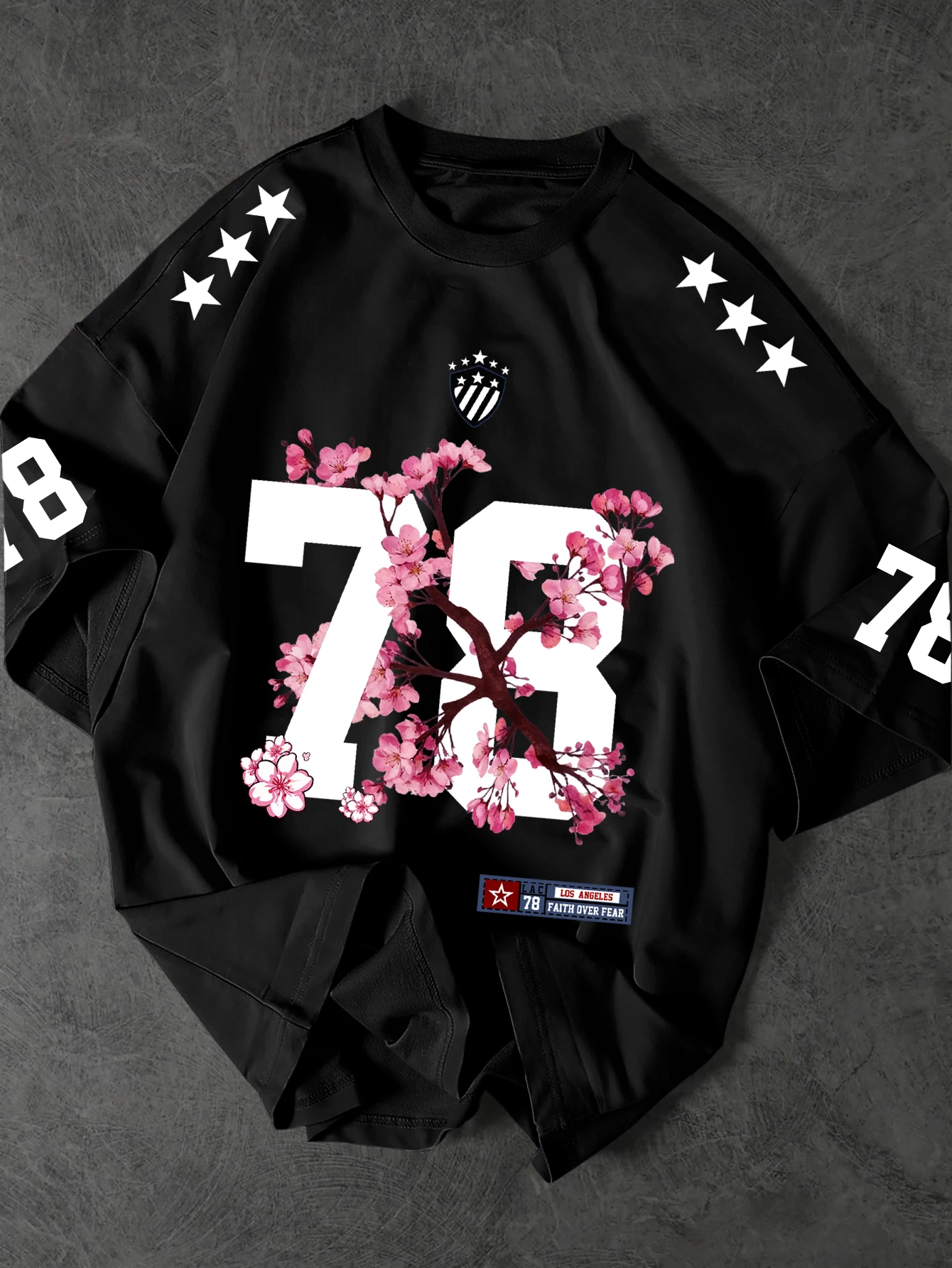 Men's Streetwear 78 T-Shirt Pink Cherry Blossom Graphic Print Crew Neck Short Sleeve Polyester Tops with Shoulder Stars S-XXL