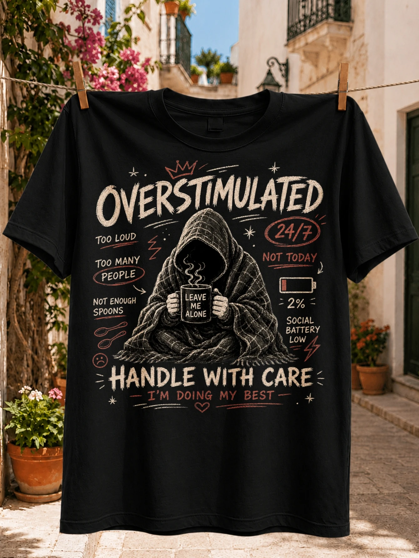 Overstimulated HandleCare Quote Hooded FigureLeave Me Alone Message Social Battery and Spoon  Unisex All T-Shirt
