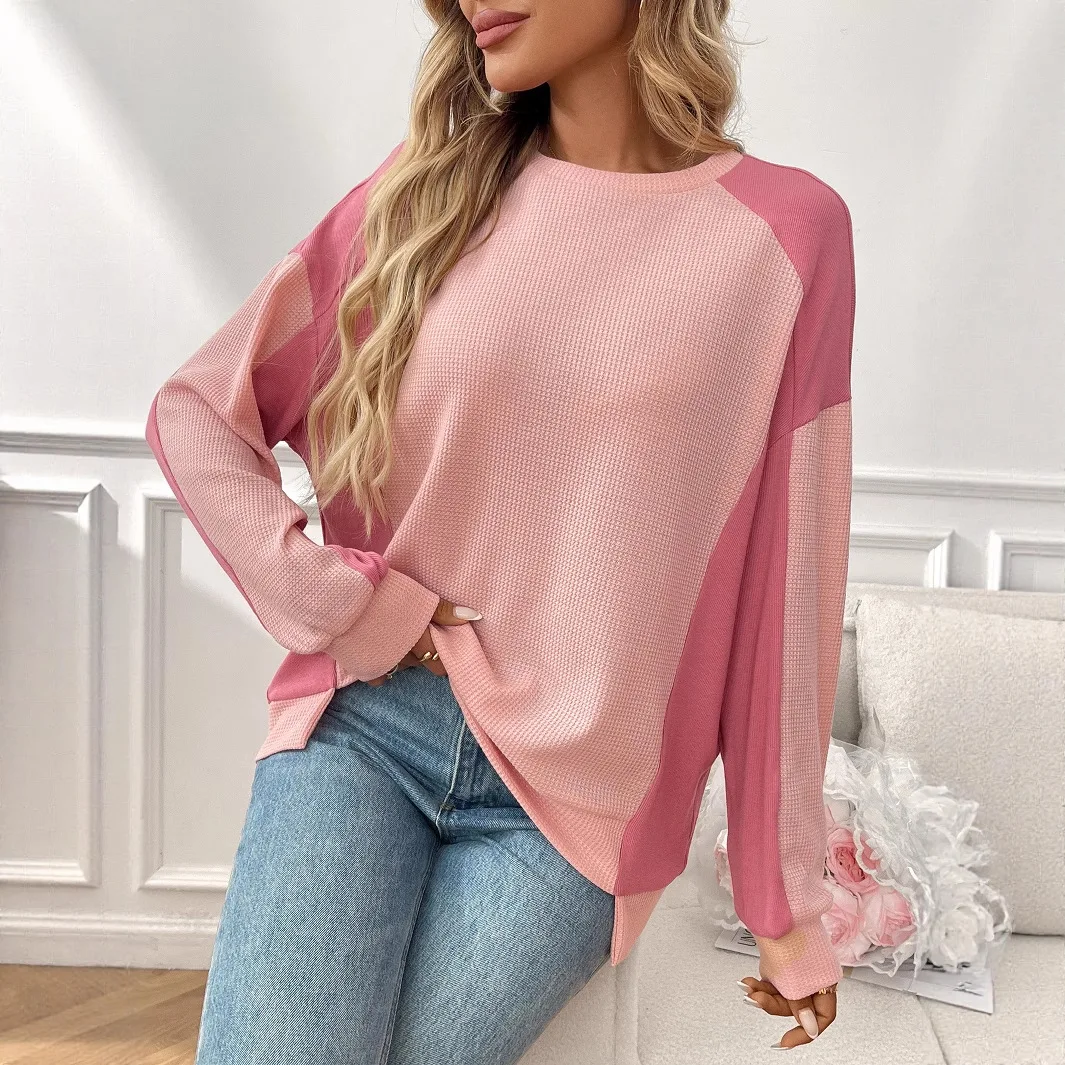 

2025 New European and American Autumn New Round Neck T-shirt Casual Loose Contrasting Long-sleeved Top Women Clothing