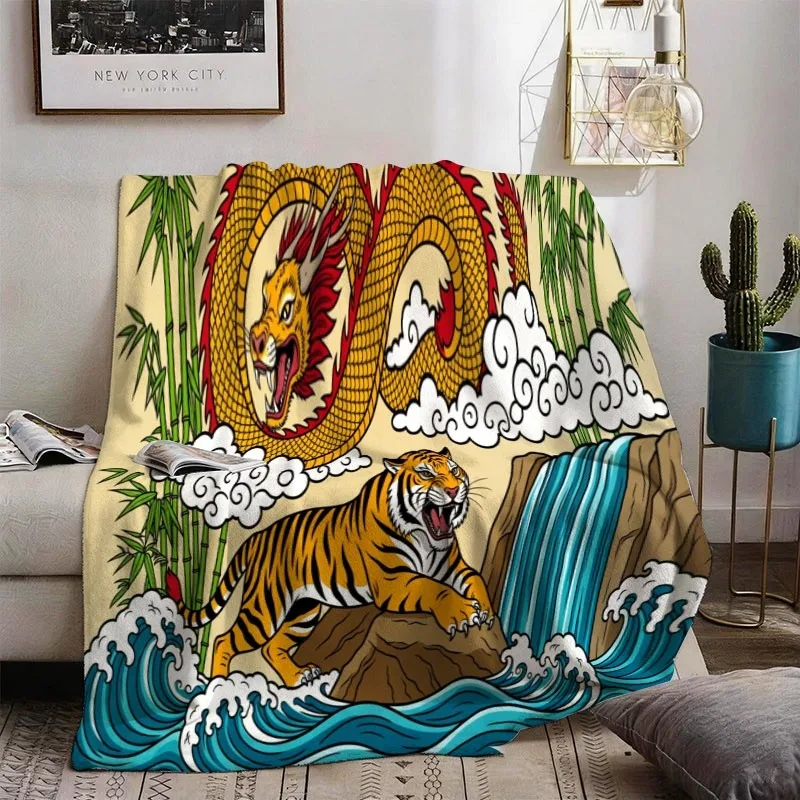 Bohemian Boho Tiger Dragon Jungle Throw Blanket Fleece Couch Sofa Decor Mythological Anime Wall Tapestry Gift