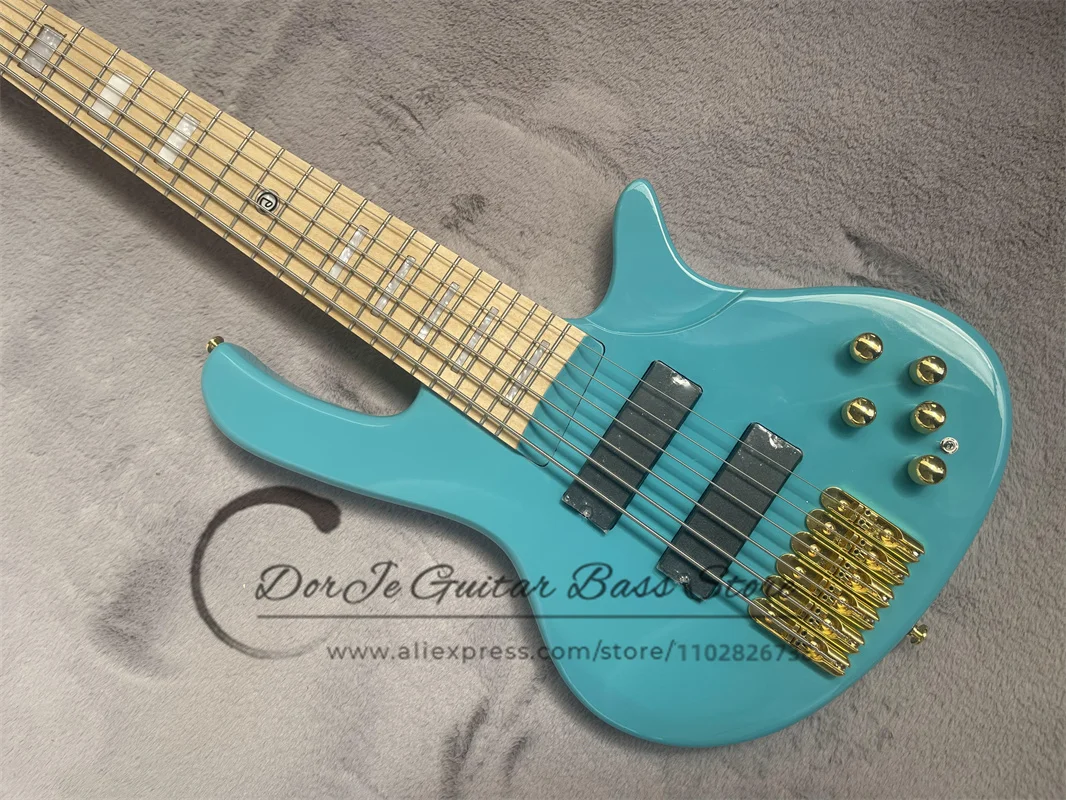 6 strings bass guitar ash wood body Maple Neck white shell inlaid with Golden Bridge active battery case blue and green bass