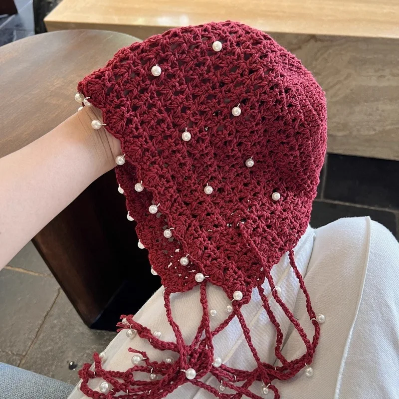 الخريف والشتاء اللؤلؤ قلادة شرابة جوفاء خارج قبعات منسوجة خمر السفر الزي بيني الأغطية للنساء #3