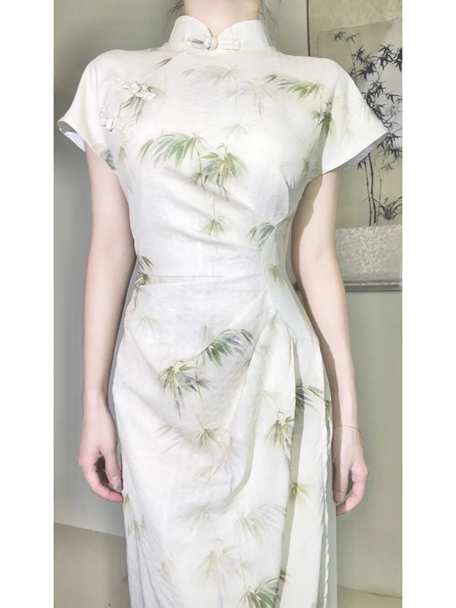 

Elegant White Floral Print Dress Women's Summer Fashion High Quality Refinement Traditional Chinese Style Long Sleeve