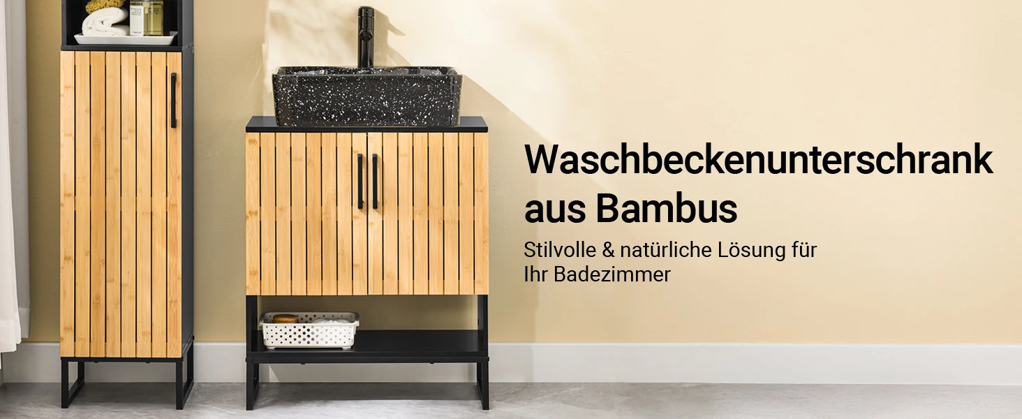 SoBuy BZR202-SCH Waschbeckenunterschrank 60 cm breit mit Bambus Tür & Metallfüßen höhenverstellbare für kleine Bäder Gäste WC – Detail 5