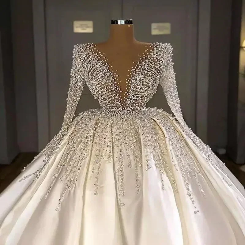 Customized Modern V Neck Satin Wedding Dress  Heavy Pearls Beads Long Sleeves Puffy Ball Gown Saudi Arabia Dubai Bridal Gowns