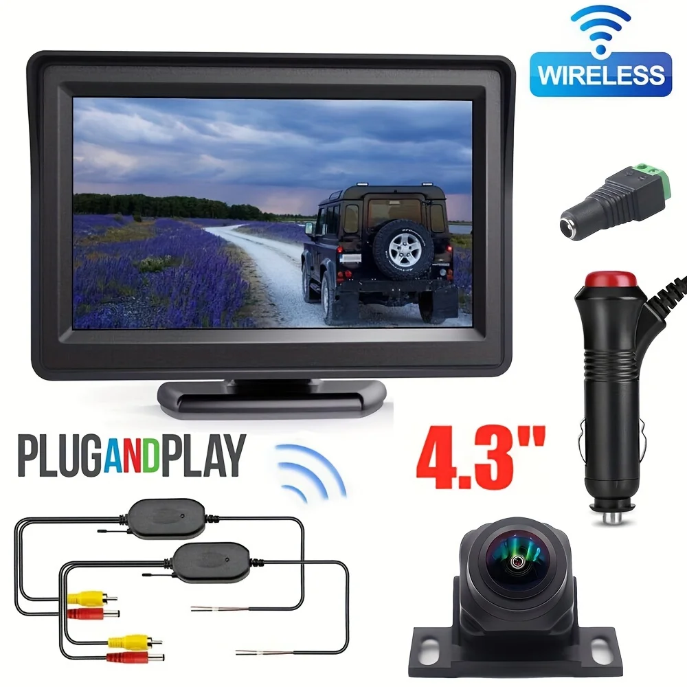 4.3\'\' Wireless Car Monitor+Night Vision Reverse Camera Backup Rear View Parking Kit, With Adapter