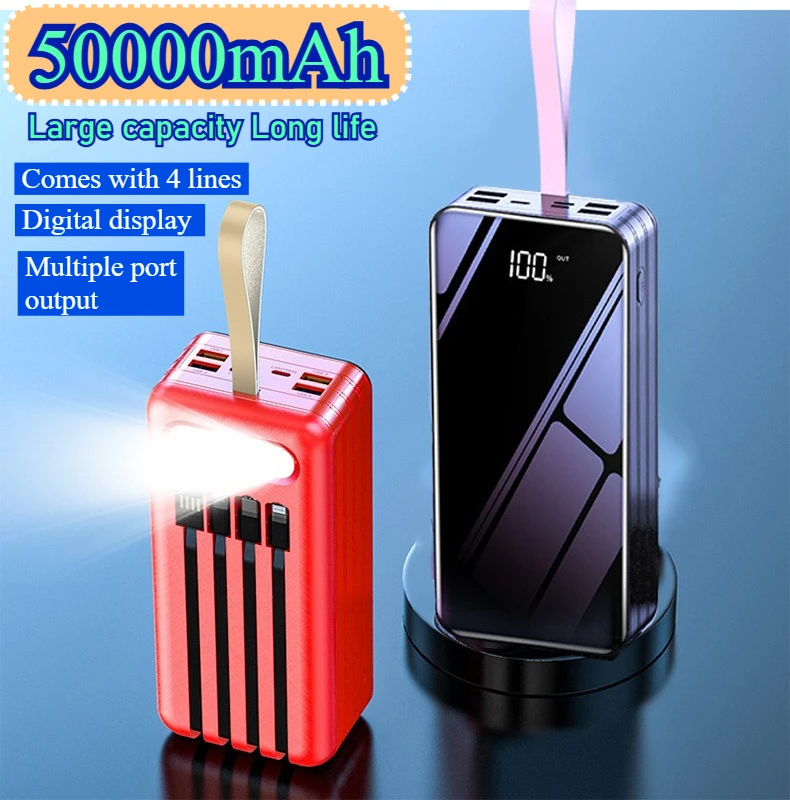 

Portable 50000mAh Large Capacity Power Banks 22.5W Fast Charging Built-in 4 Cables External Battery for Xiaomi Huawei IPhone