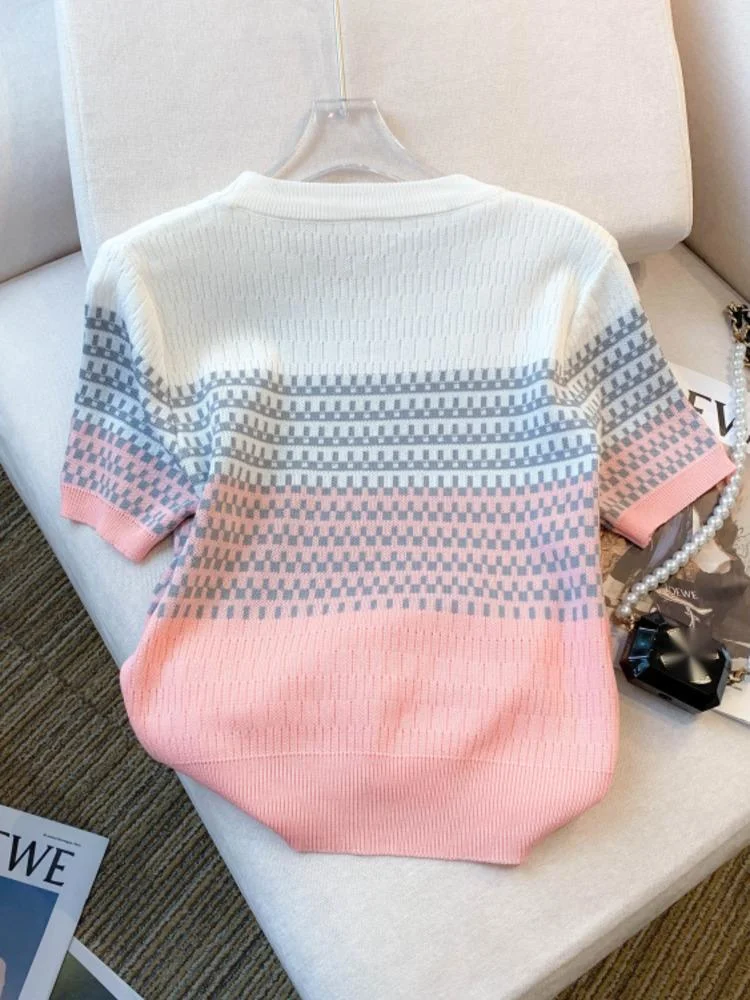 Chic Gradient Striped Knitted Tshirt Sweater Women Summer Ice Silk Stylish Vintage Slim Ladies Knitwear Short Sleeve O-neck Tops