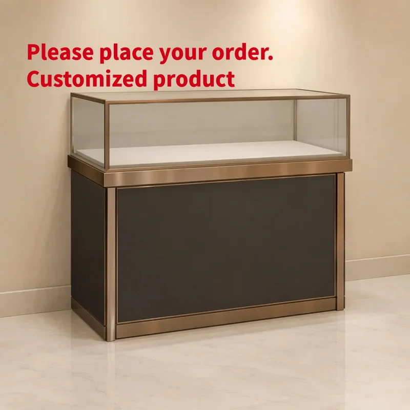 custom.Luxury Jewelry Counter Showcase Champagne Bronze Frame Charcoal Matte Black Base Interior White Display Platform Tempered