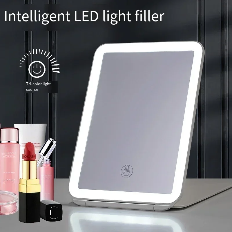 3 Kleuren Licht Modi Cosmetische Spiegels Opvouwbare Led Verlichte Touch Screen Make-Up Spiegel Usb Oplaadbare Complementaire Spiegel