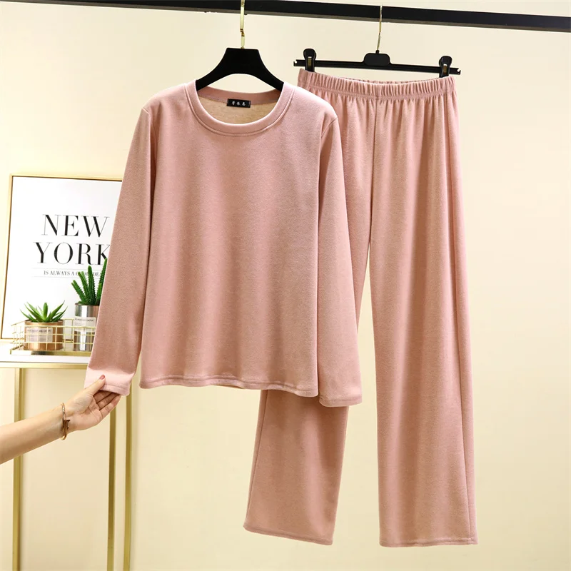 Warm Thermal Long Sleeve Long Pants Sleepwear Set Women's Loose Casual Home Clothes Two-Piece Set Fleece Lined round Neck