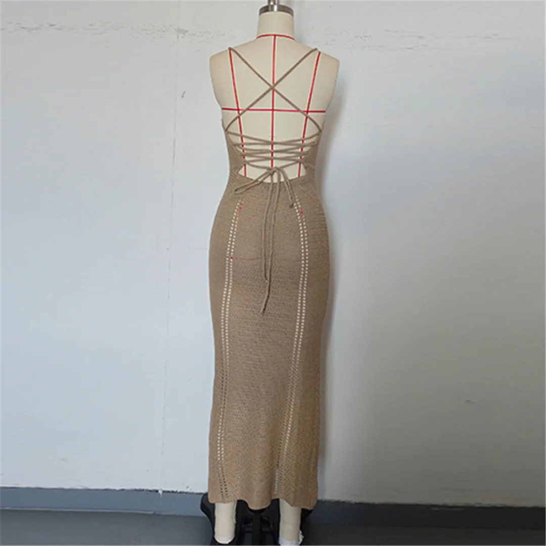 V-Ausschnitt, überkreuzter Rücken, ausgeschnittenes, gehäkeltes, gestricktes Tunika-Strandkleid, Strandkleid, Strandmode, Damen V7122 – Detail 11