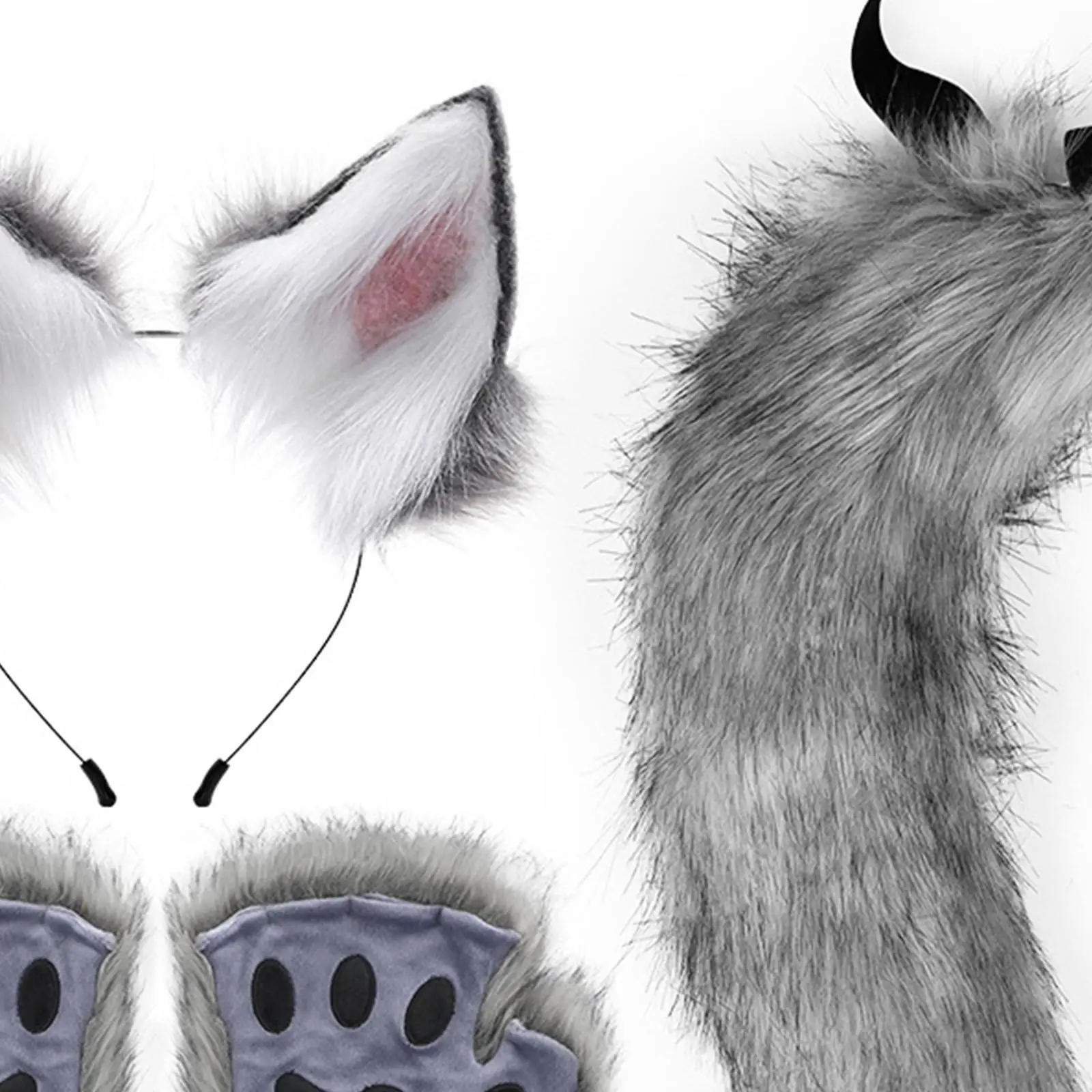 Plush Ears and Tail Set Hair Accessories Headband Furry Wolf Long Tail Faux Plush Wolf Ears Hair Clip for Fancy Dress Role Play