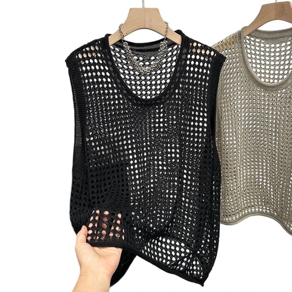 Women\'s Solid Color Round Neck Sleeveless Knit Vest with Breathable Openwork Design for Hot Weather Activities