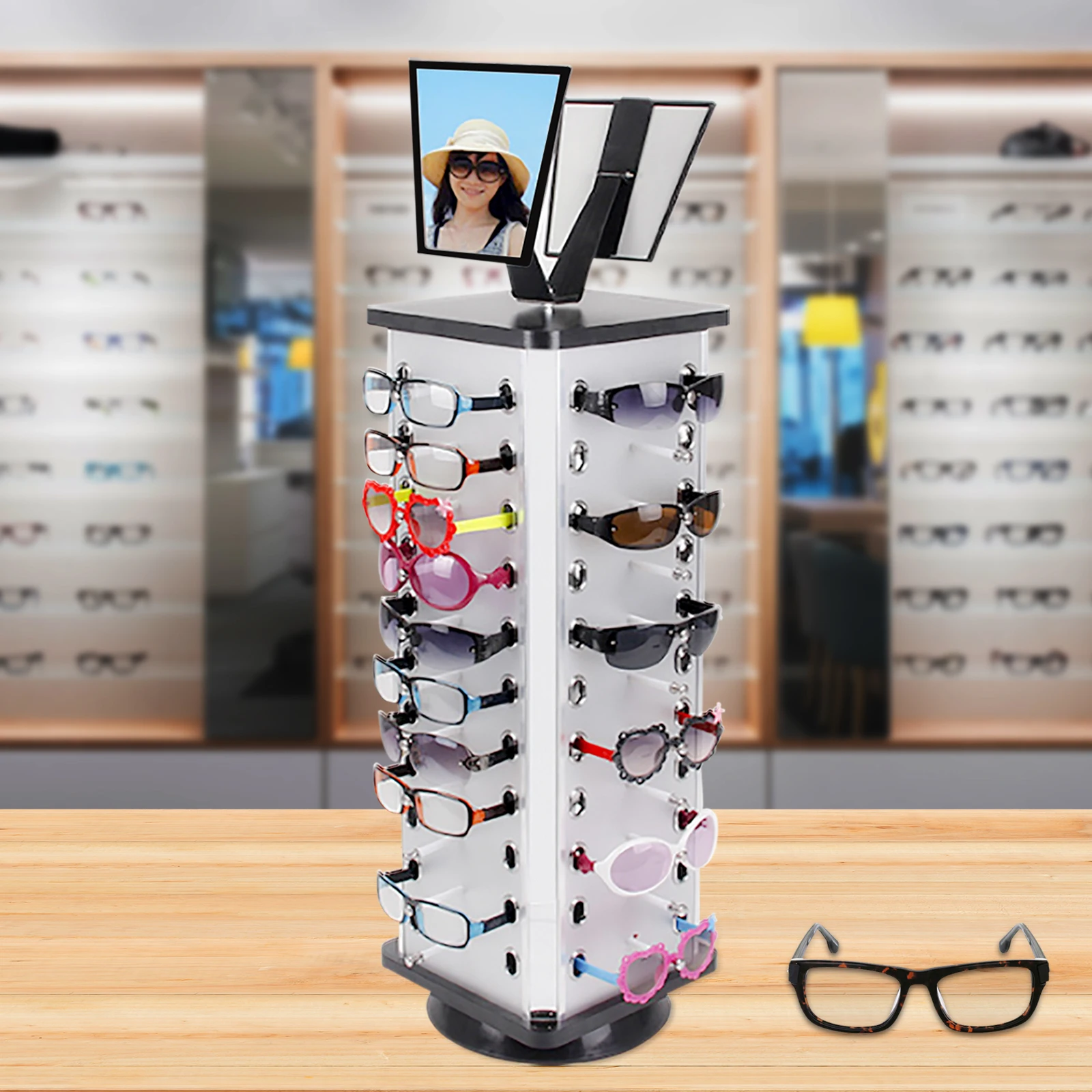 360 Rotating Sunglass Display Rack Metal Glasses Stand Holder 44 Pairs W/ Mirror Retail Sunglass Display Stand Sunglasses Rack