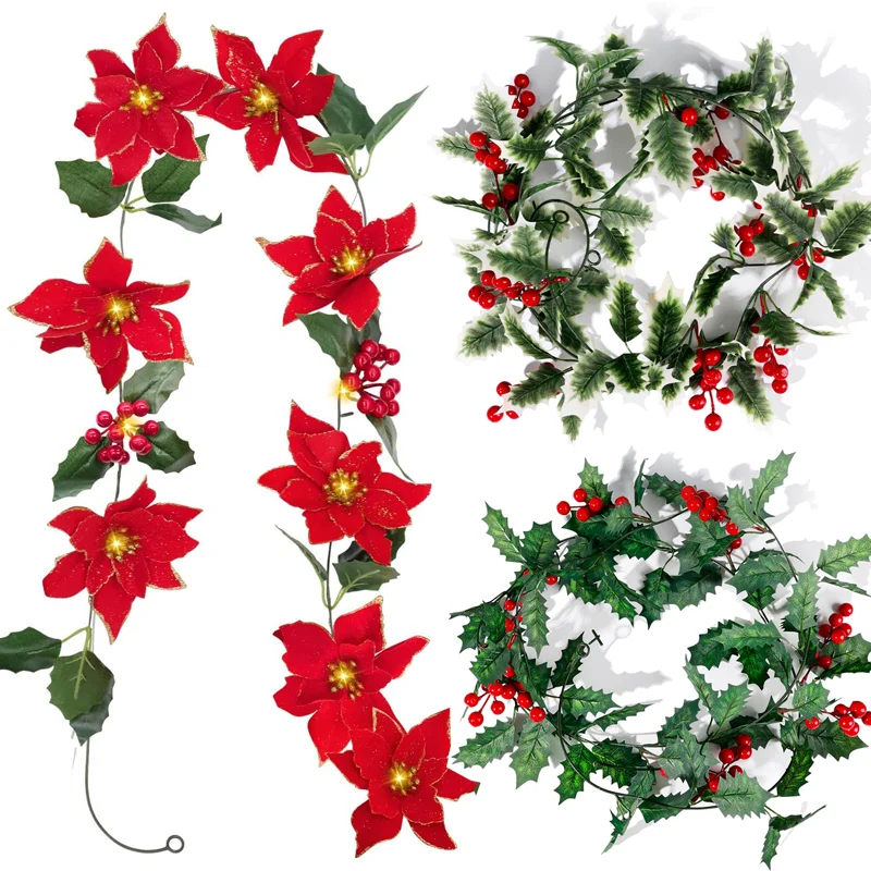 Christmas Garland Lighting Strings Artificial Red Berry Holly Leaves Ivy Vine String Lights For Xmas Tree Party Home Decoration