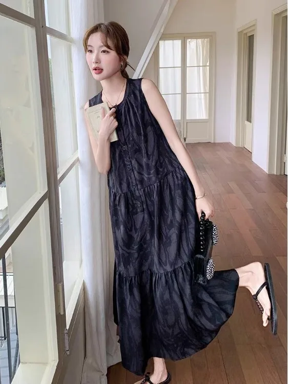 Vestido Midi Estampado Negro Holgado hasta la Rodilla para Mujer, Estilo Francés, Falda Recta Tipo Tubo, Sin Mangas, Verano 2026