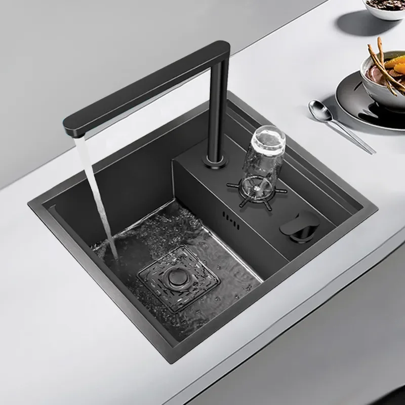 for Invisible Kitchen Bar Sink Black Nano Stainless Steel Middle Island Platform Hidden RV with Cover Single Sink Vegetable