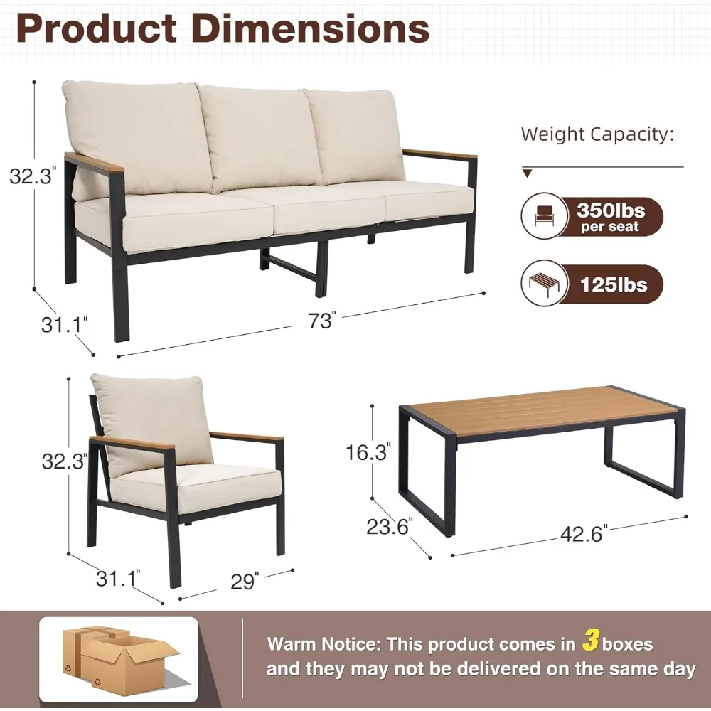 مجموعة أثاث الفناء، مجموعة أثاث خارجي مكونة من 4 قطع مع ظهر مرتفع ومسند للذراع من الخشب الصناعي وسطح الطاولة، خارجي C