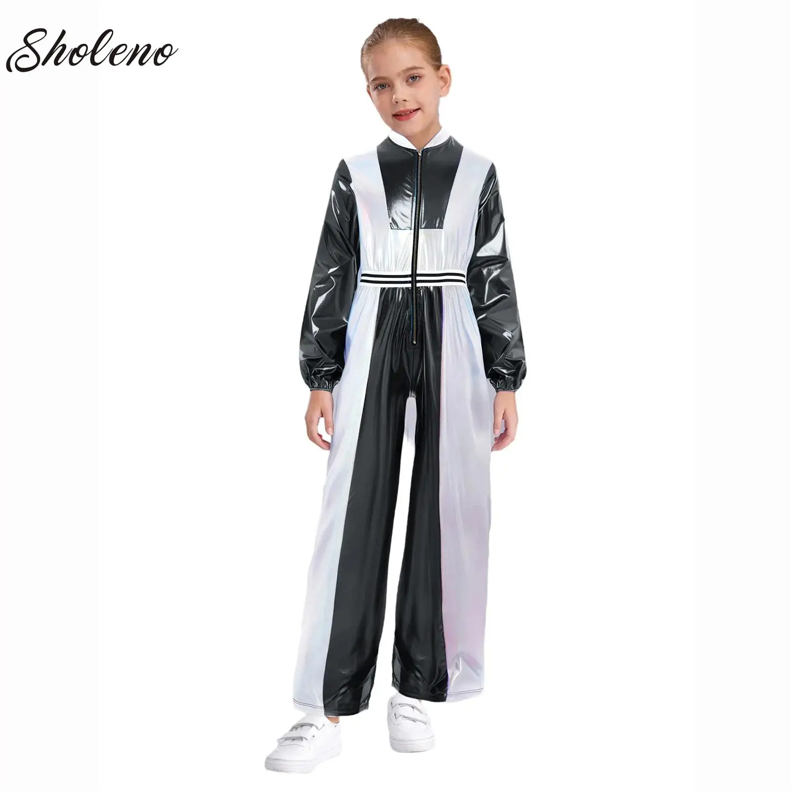 

Kids Girls Color Block Metallic Jumpsuit Ballet Jazz Hip-Hop Dance Stage Performance Costumes 70s Hippie Wide Leg Full Bodysuit