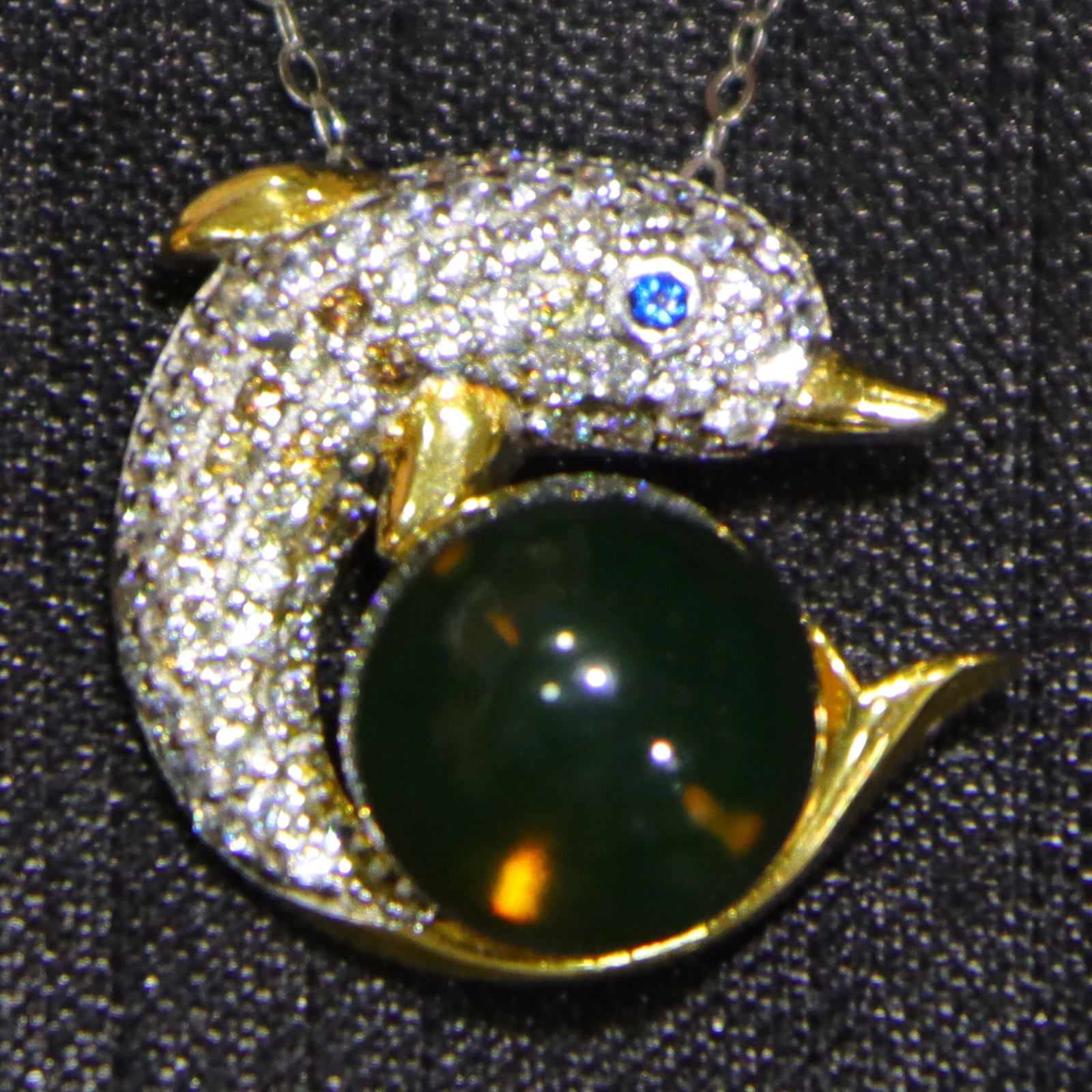 Pure Silver Setting Natural Amber Mexican Blue Amber Dolphin Pendant 10mm Bead