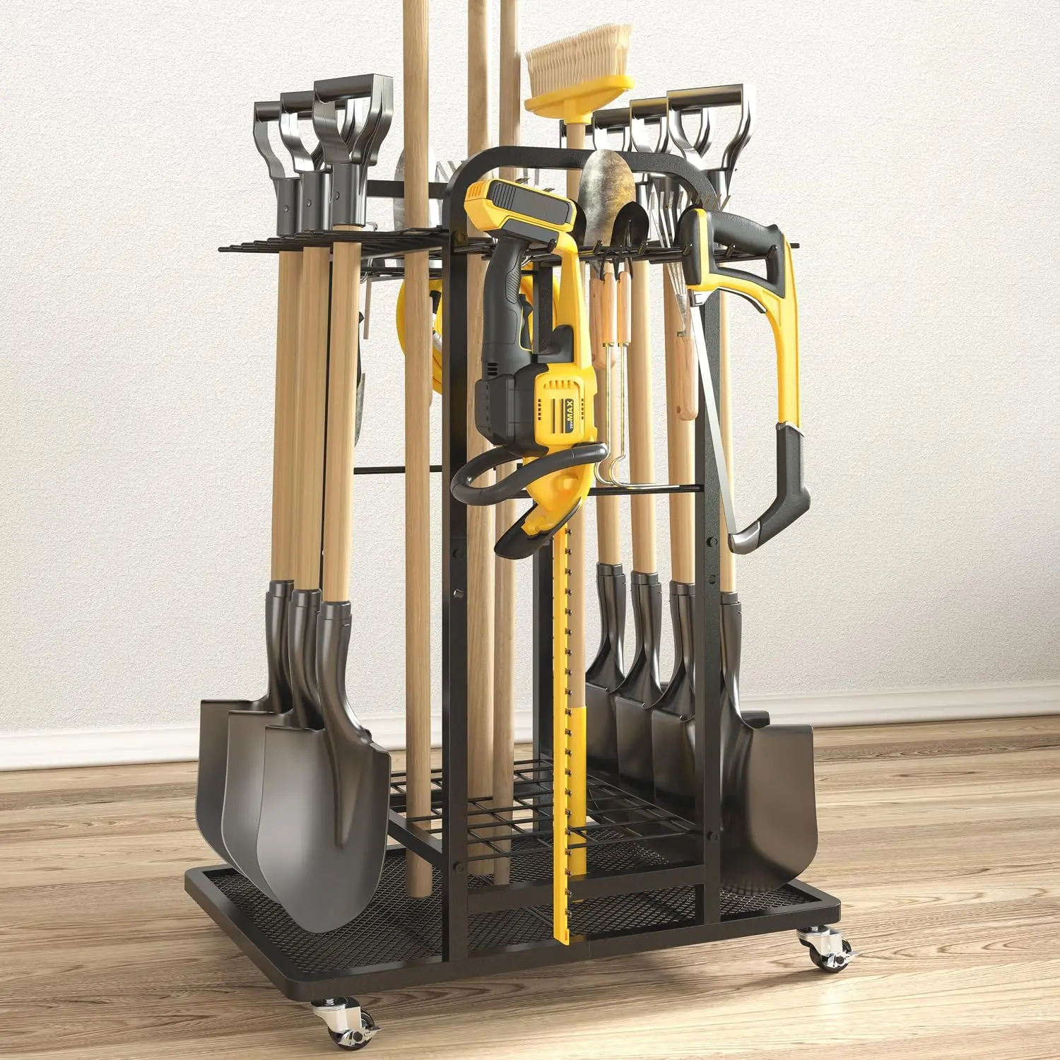 

Heavy Duty 3-Tier Yard Tool Organizer with Lockable Wheels, Holds Up to 35 Long-Handled Tools for Garage Storage