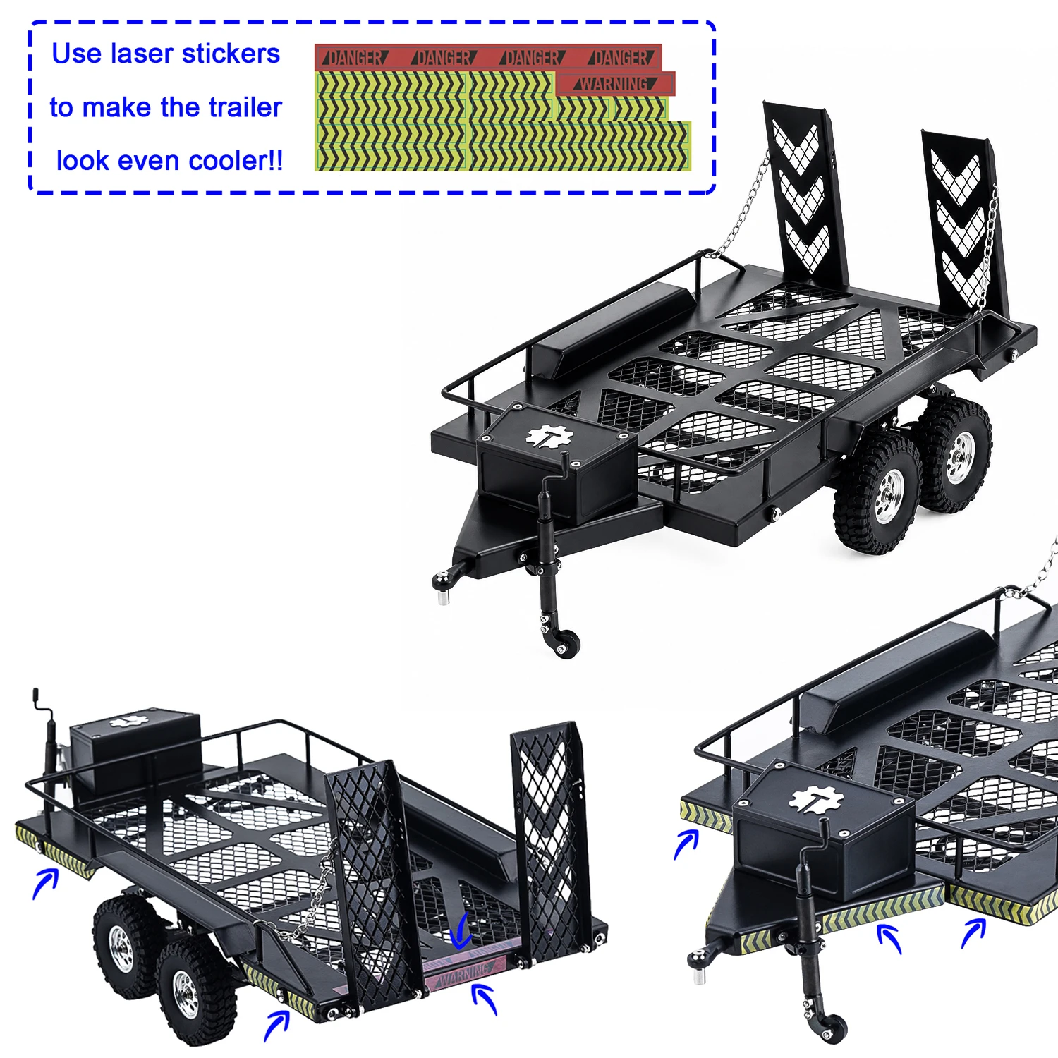 TCRC Metal Truck Trailer with Led Lights Reflective Laser Stickers for 1/18 1/24 1/32 1/30 RC Crawler Car Upgrades