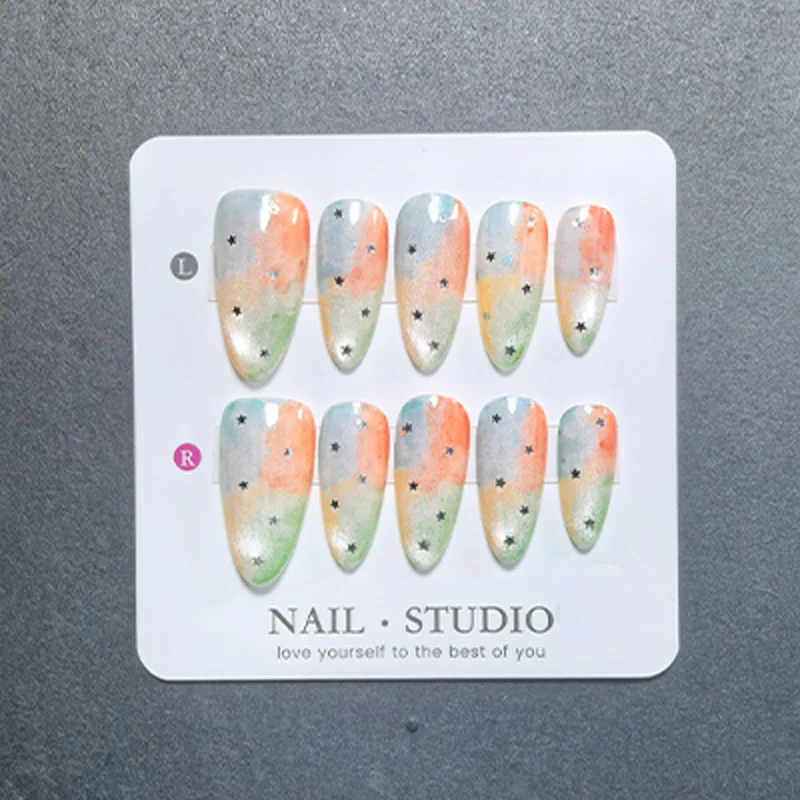 

10pcs Almond Glitter Vertical Stripes Cat Eye Rainbow Press on Nails Handmade Multieffect Acrylic False Nails Glossy Gel