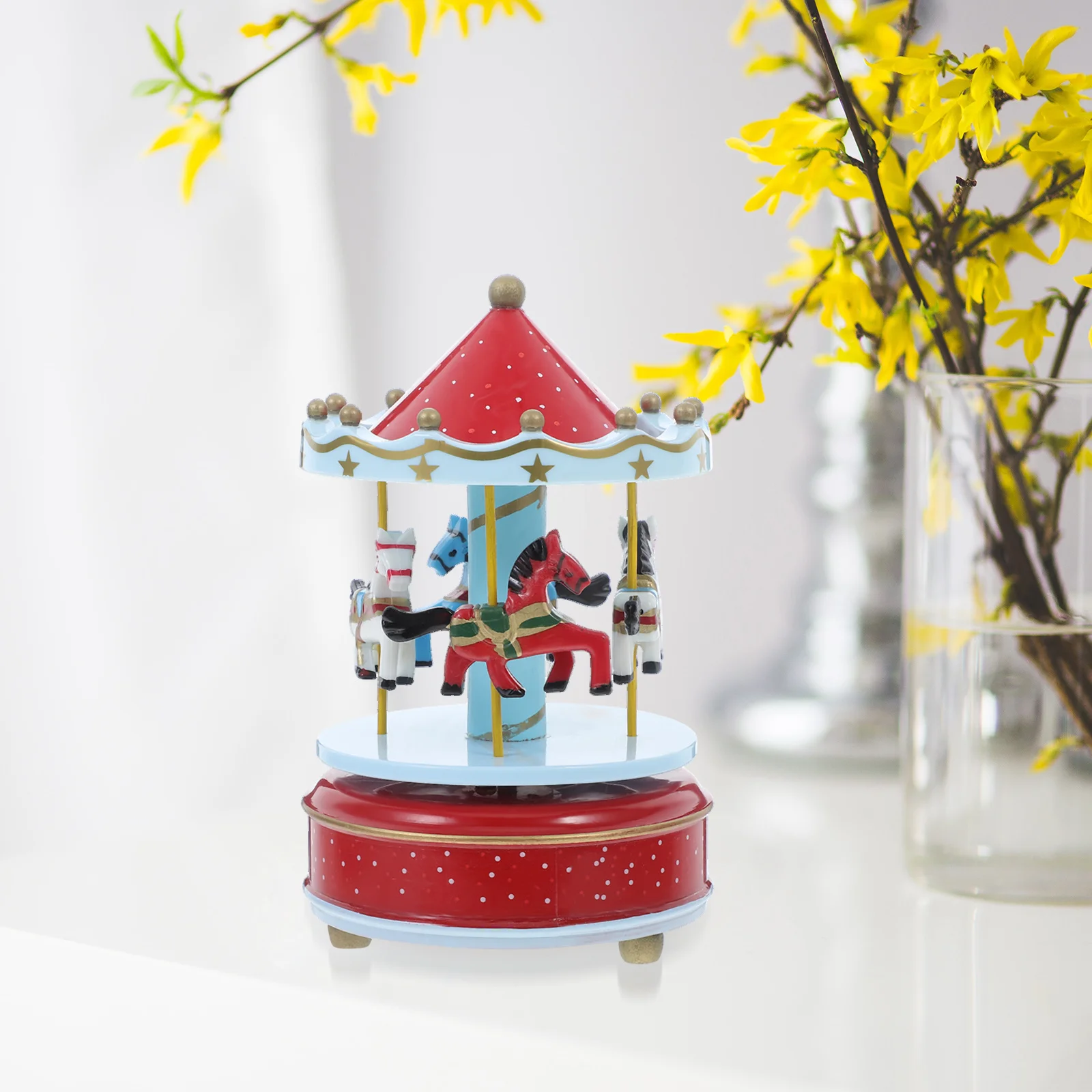

Wooden Carousel Music Box Red Mechanical Rotating Desktop Ornament Romantic Musical Gift for Birthday Christmas Valentine's Day