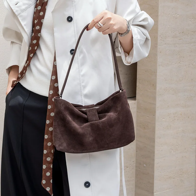 New minimalist suede shoulder bag retro high-quality genuine leather women's underarm bag large capacity minimalist handbag