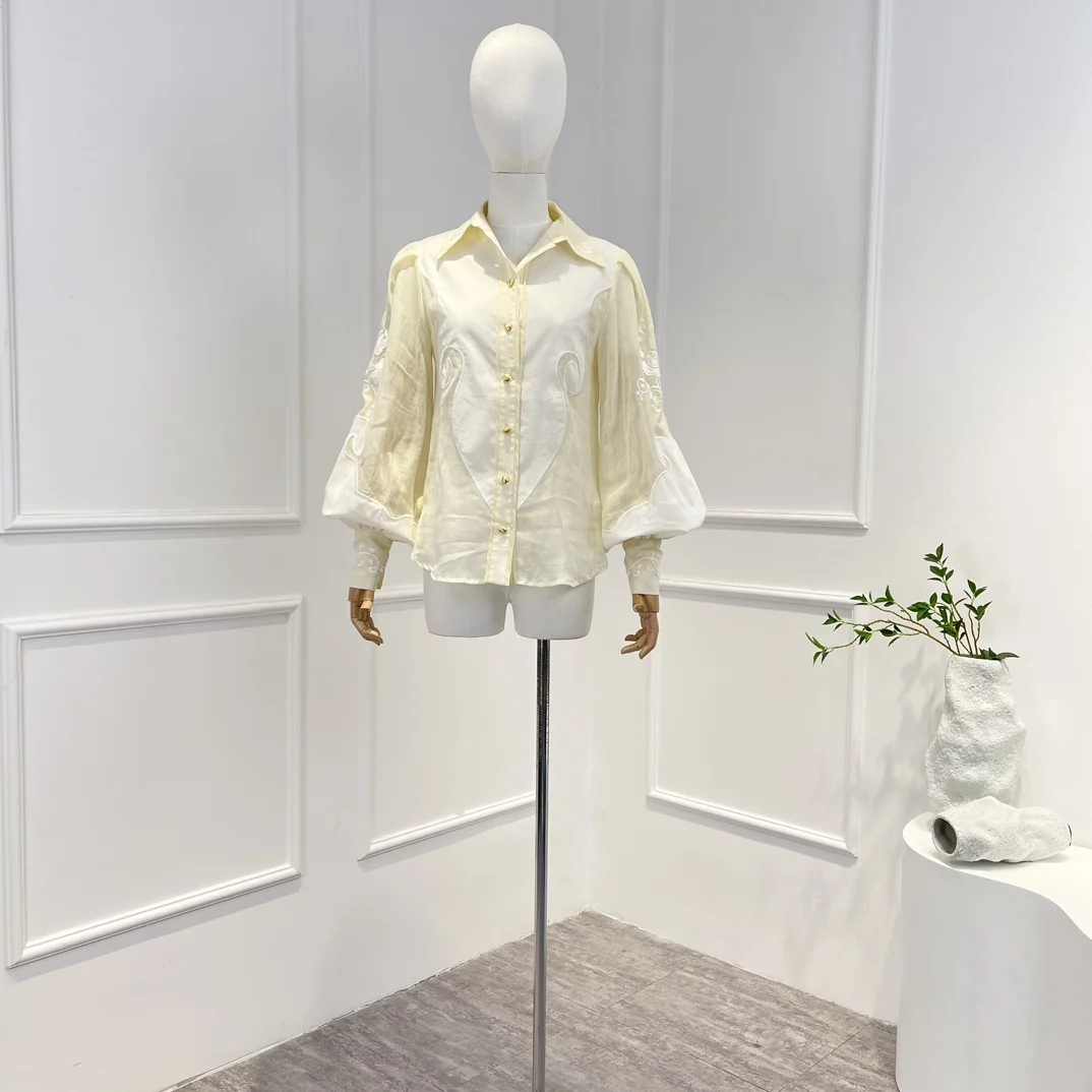 

Vintage High Quality Spring Summer 2023 white Floral Emboridery Patchwork Long Lantern Sleeve Yellow Blouse