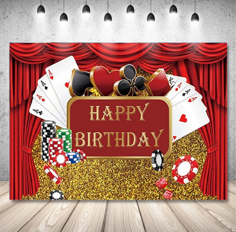 DIXSG Casino Party Photography Backdrop Las Vegas Poker Happy Birthday Red Curtain Banner Background Gold Photo Studio Props